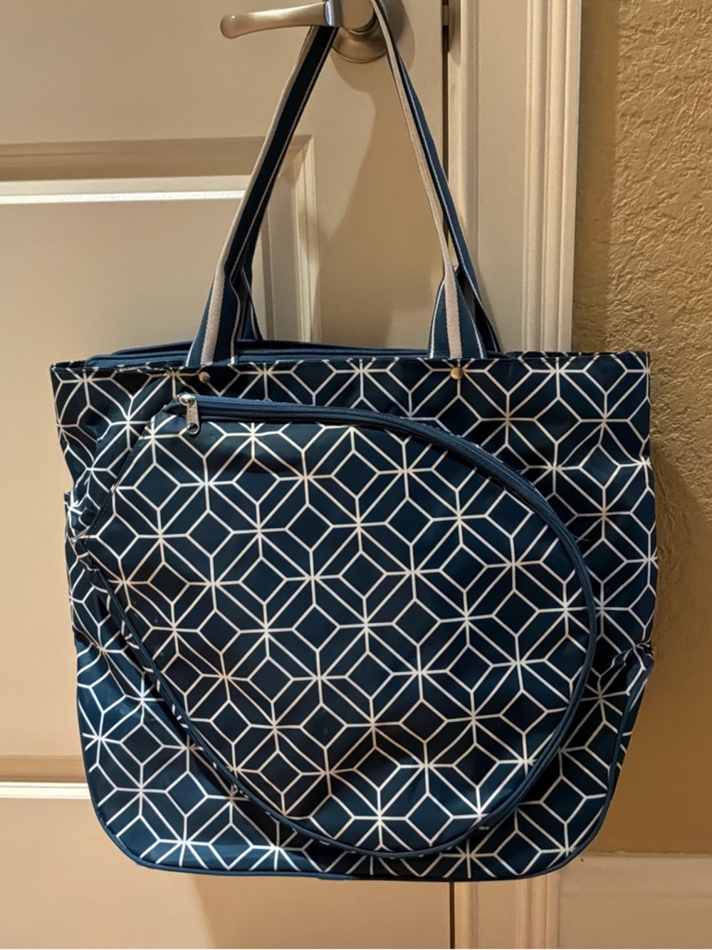 All For Color Navy Blue and White Geometric Tote with Front Zip Pocket